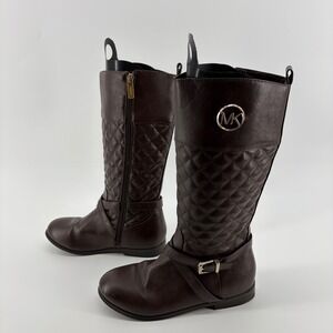 Michael Kors Girls Brown Quilted Riding Boots Gold Buckle MK Logo Size‎ 4